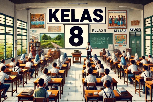 DALL·E 2024-09-06 21.09.38 - A landscape scene of a classroom environment for eighth graders (Kelas 8) in Indonesia. The words 'Kelas 8' are prominently displayed in very large le
